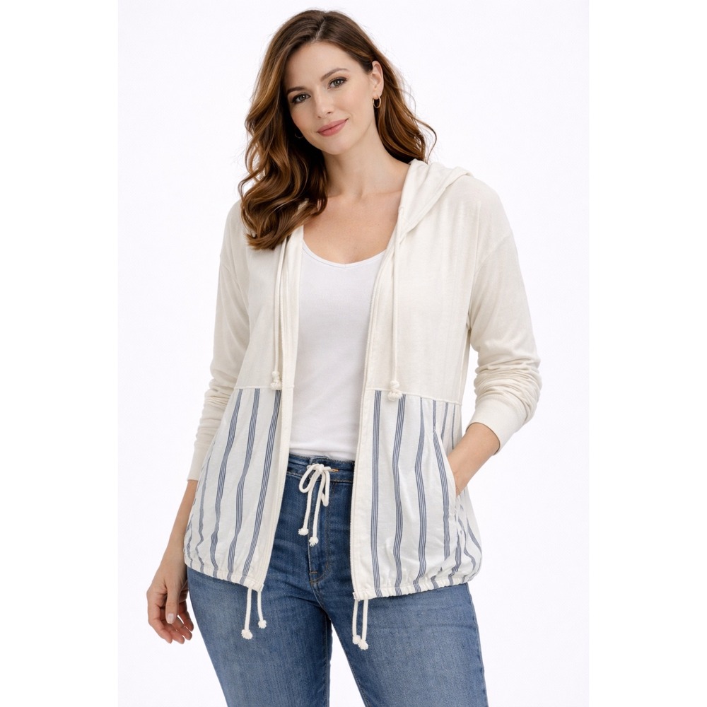 Mello Day Hooded Cardigan Womens Medium Cream Blue Striped Mixed Media Open Fron